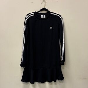 Adidas Three Stripe Long Sleeve Flare Ruffle Hem Mini Dress.